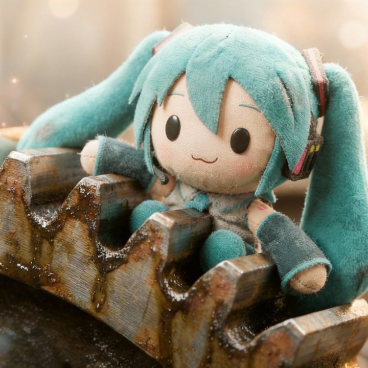 「自分が自分じゃないのなら」MVより、歯車の上にいる初音ミクのぬいぐるみ
